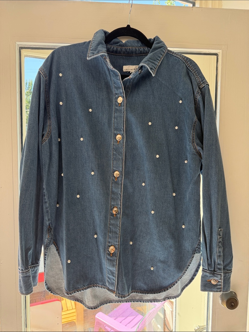 Women's Dark Blue Denim Shirt with Pearl Embellishments